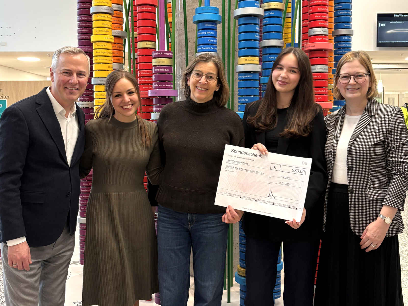 Wolfgang Selinger, Sarina Merz, Felicitas von Hülsen. Marie Stamer und Michaela Heidkamp halten den Spendenscheck