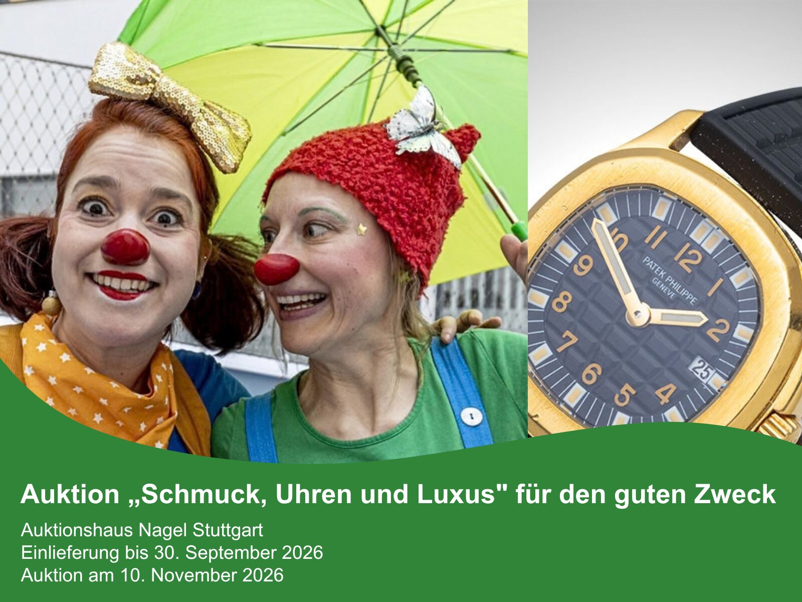 Bildcollage aus zwei Klinikclowns und einer Auktions-Uhr