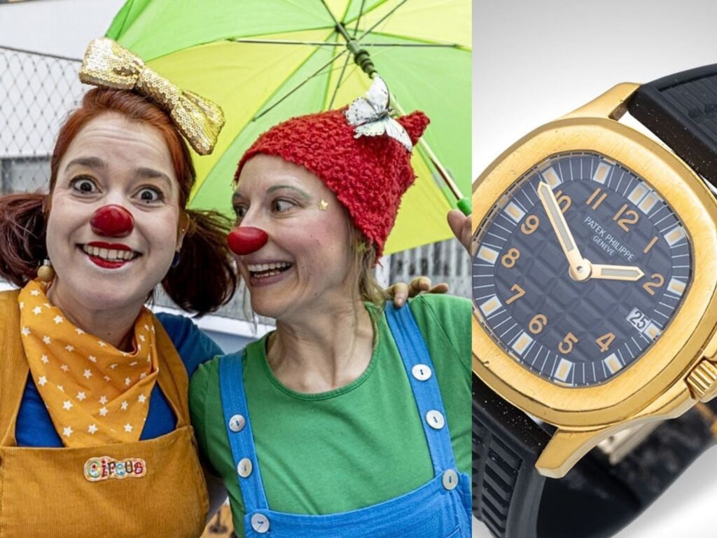Collage aus 2 Klinikclowns und einer Uhr aus der Versteigerung